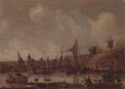 unknow artist A River landscape with ferries and other shipping,a church beyond